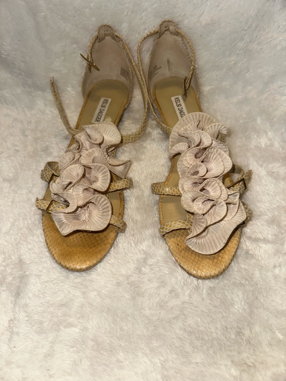 Kelsi Dagger Tan Woven Sandals with Blush Ruffle